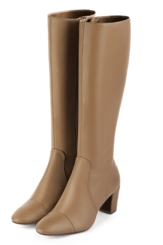 Camel beige women's feminine knee-high boots. Round toe. Medium block heels. Made to measure. Front view - Florence KOOIJMAN